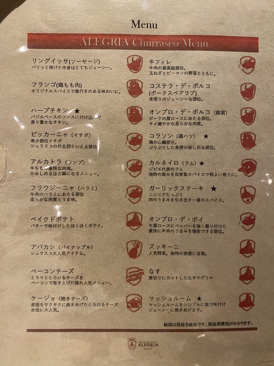Churrasco & Beer Restaurant ALEGRIA Gotanda menu 2
