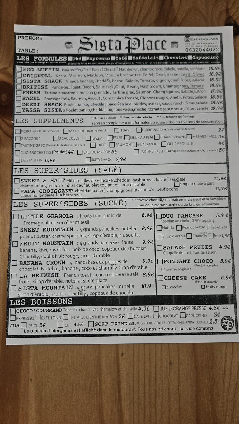 Sista Place menu 1