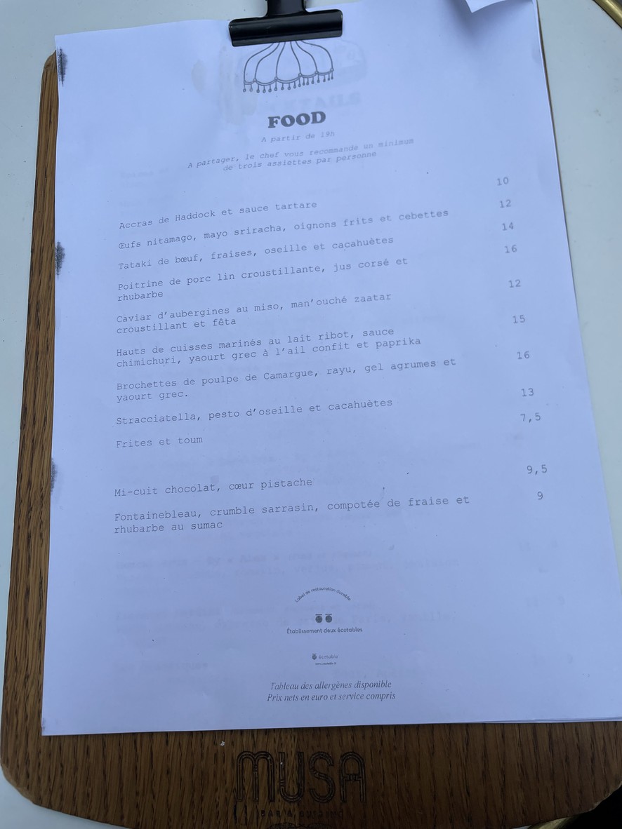 Restaurante Musa Oberkampf - París 11 menu 1