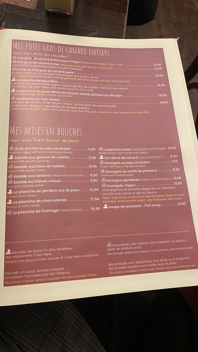 Chez Papa menu 1