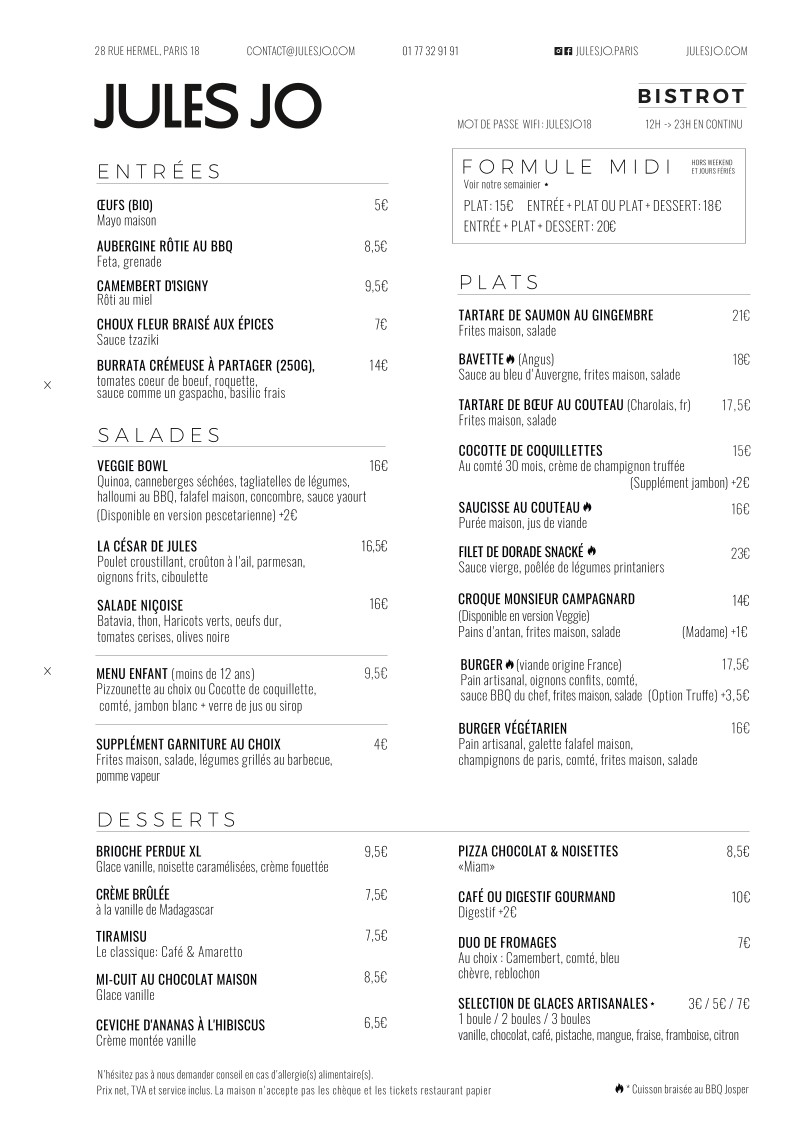 Le Jules Jo - Paris 18 menu 1