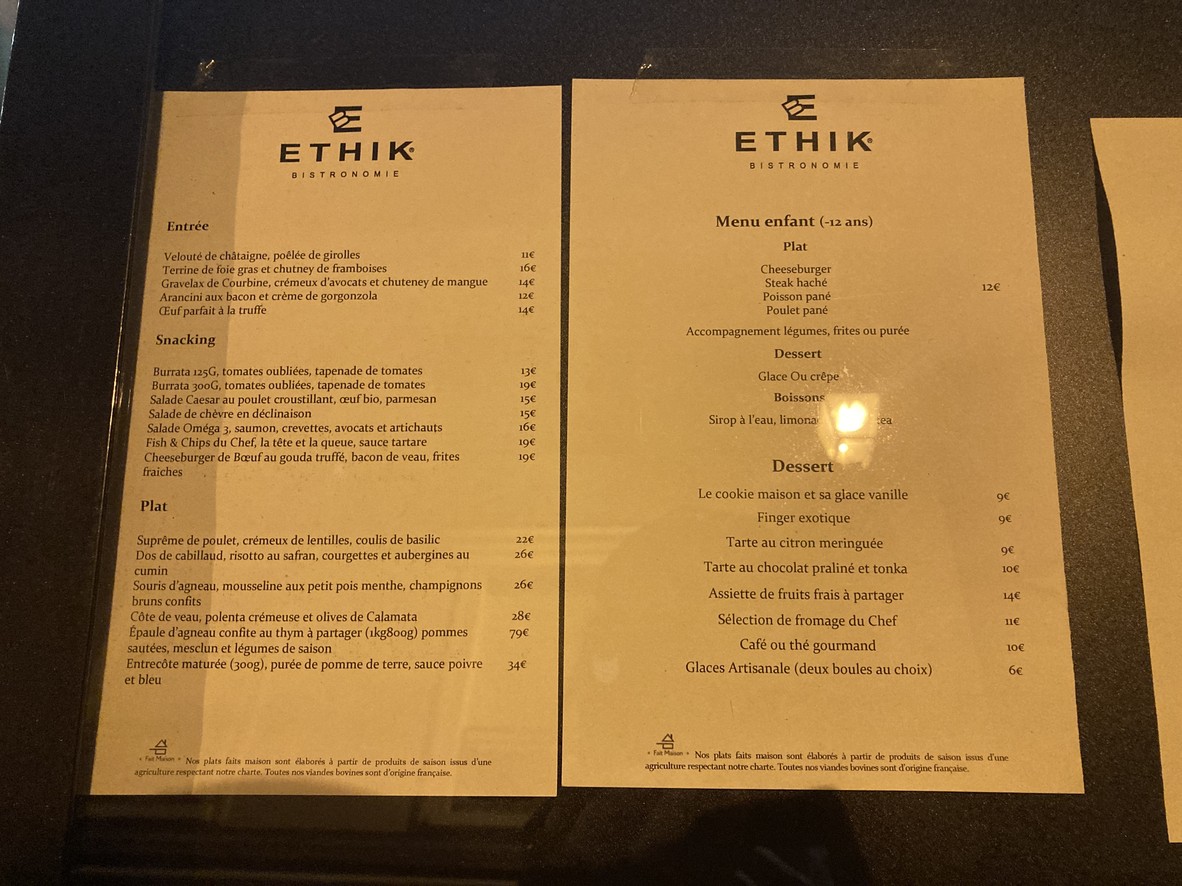 Ethik bistronomy menu 1
