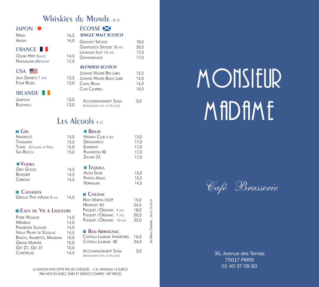 MONSIEUR MADAME - BRASSERIE RESTAURANT menu 1