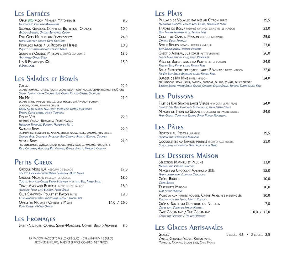 MONSIEUR MADAME - BRASSERIE RESTAURANT menu 2