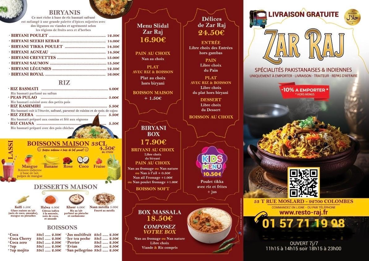 Zar Raj menu 1