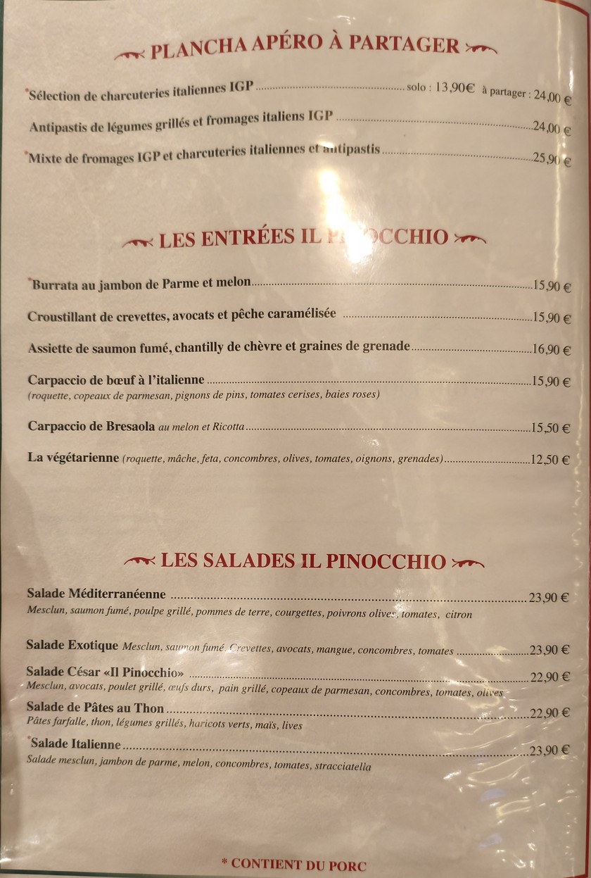 Il Pinocchio menu 1