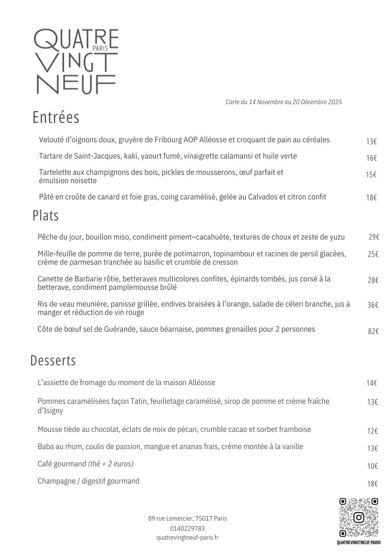 Quatre-Vingt-Neuf Batignolles menu 1