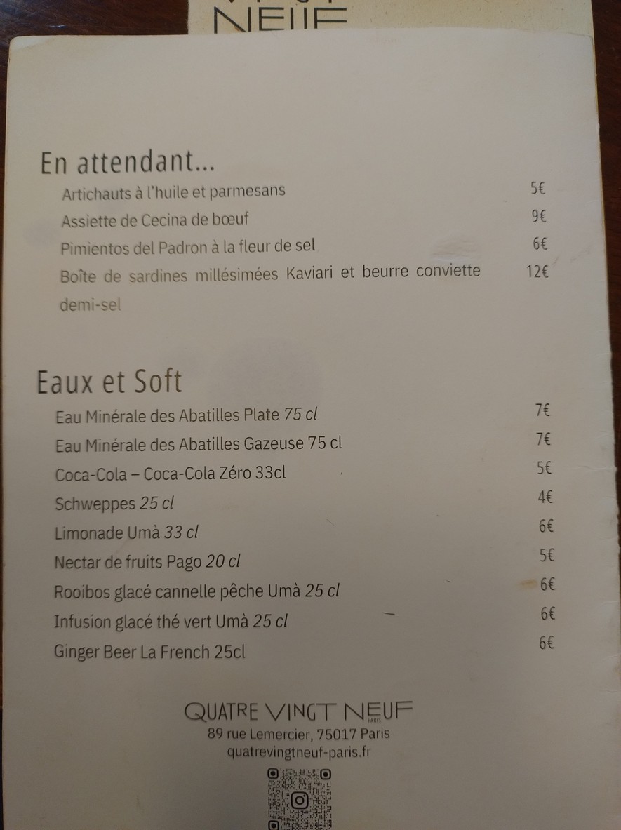 Quatre-Vingt-Neuf Batignolles menu 2