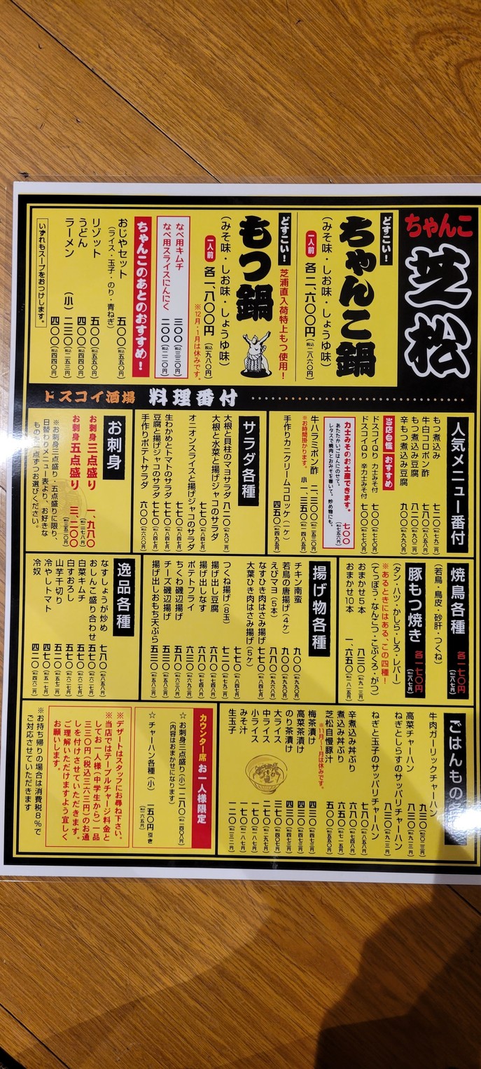 Dosukoi Sakaba Chanko Shibamatsu Tienda Futako-Shinchi menu 2
