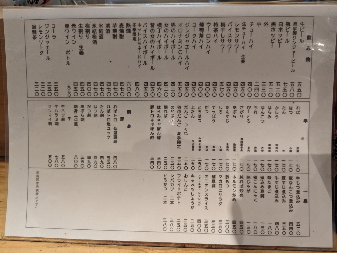 Motsuyaki Den Togoshiginzaten menu 1