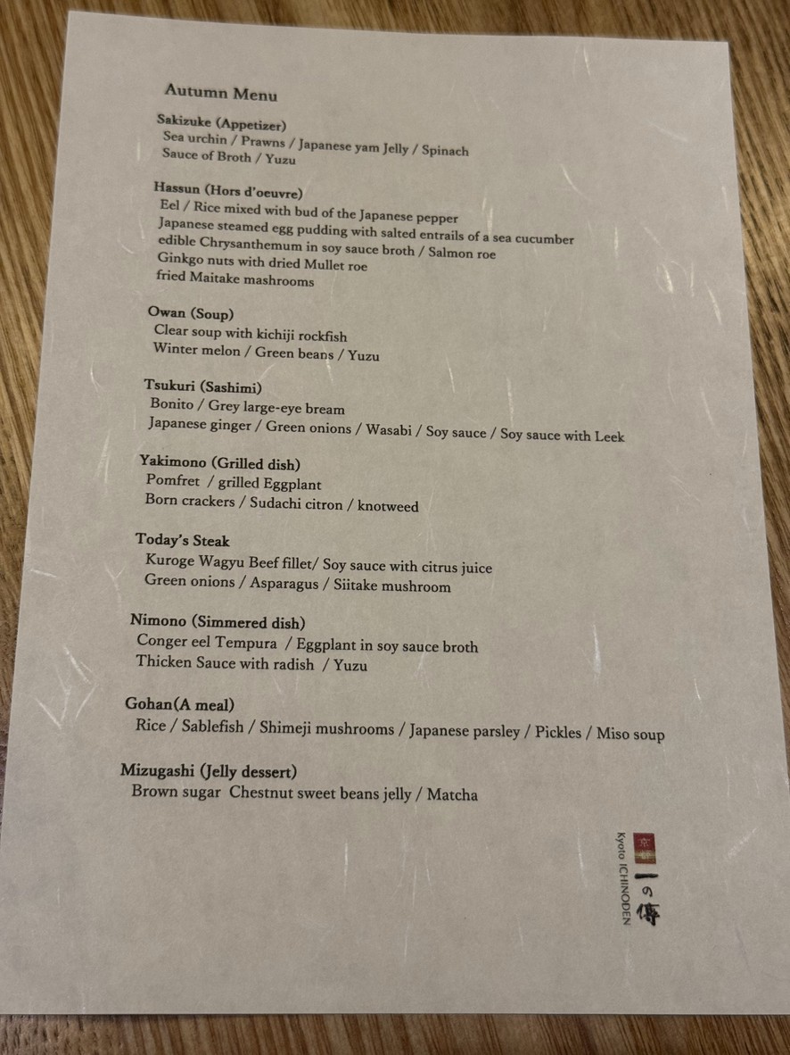 Kyoto Ichinoden Roppongi Hills menu 1