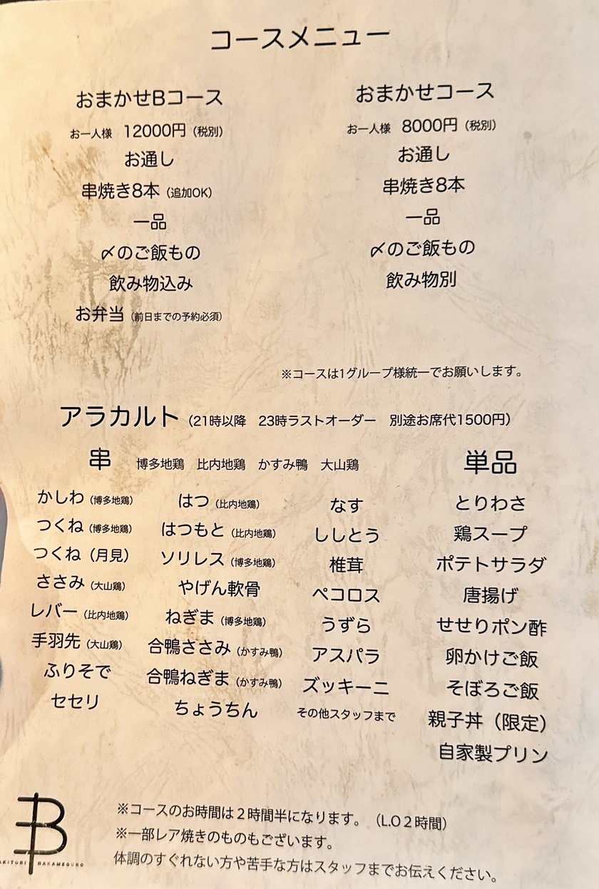 YAKITORI B NAKAMEGURO menu 1