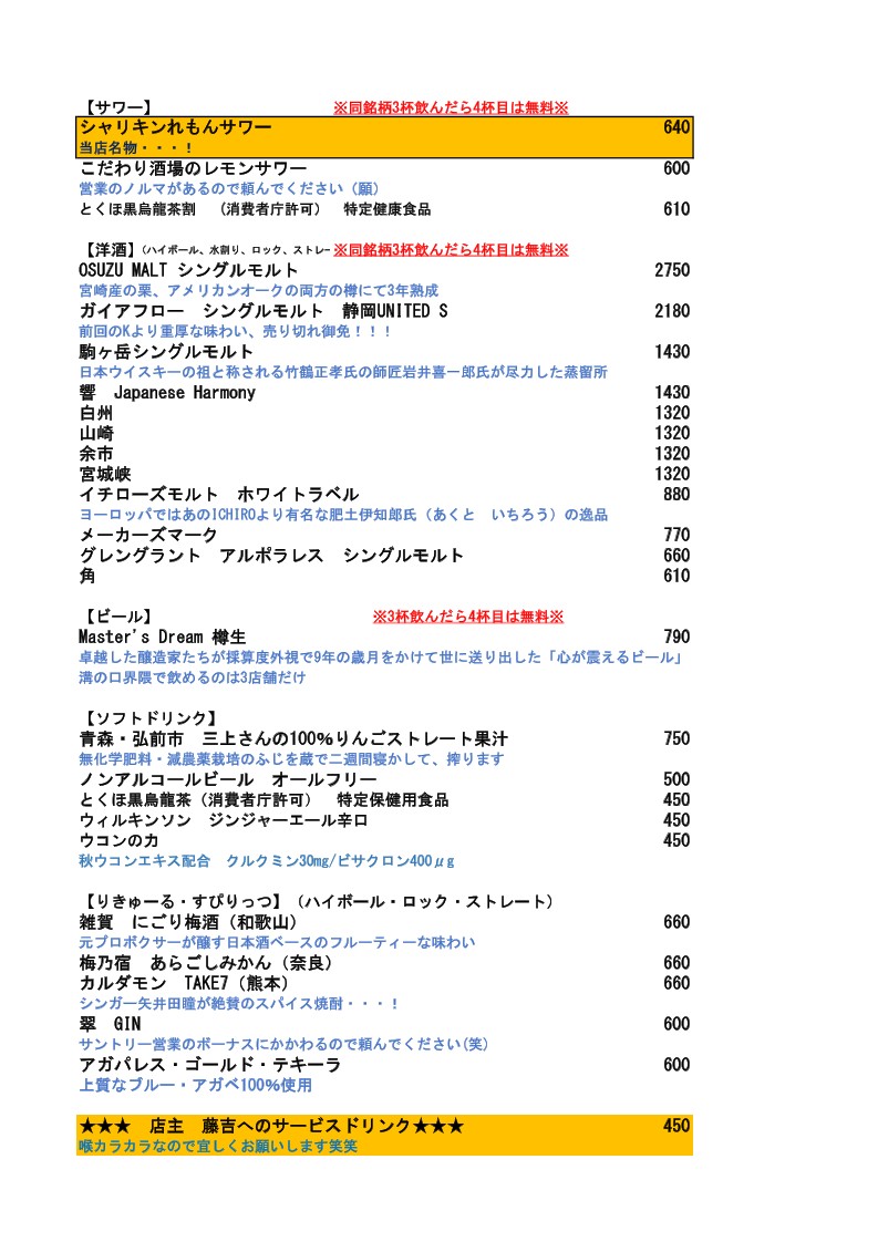 Sakaba Fujiyoshi Mizonokuchi Hanare menu 3