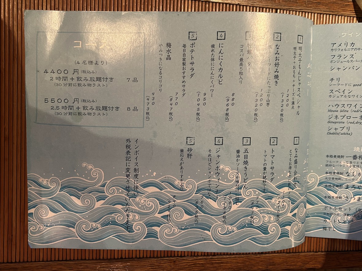 Monja Teppanyaki Nami (Standard) Ikebukuro East Exit menu 1
