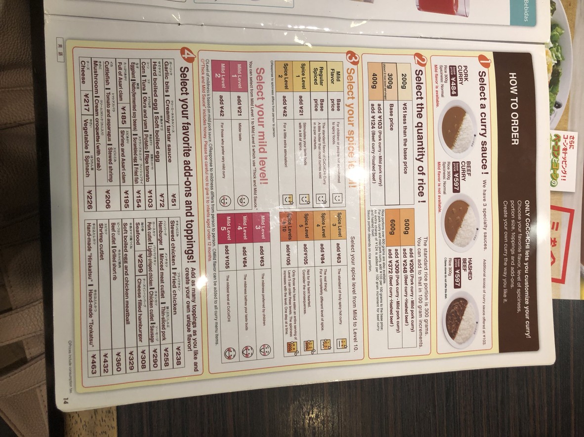 CoCo Ichibanya menu 2