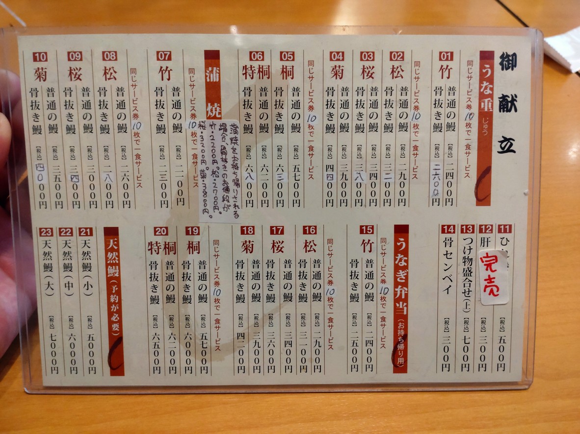 Unagiku menu 1