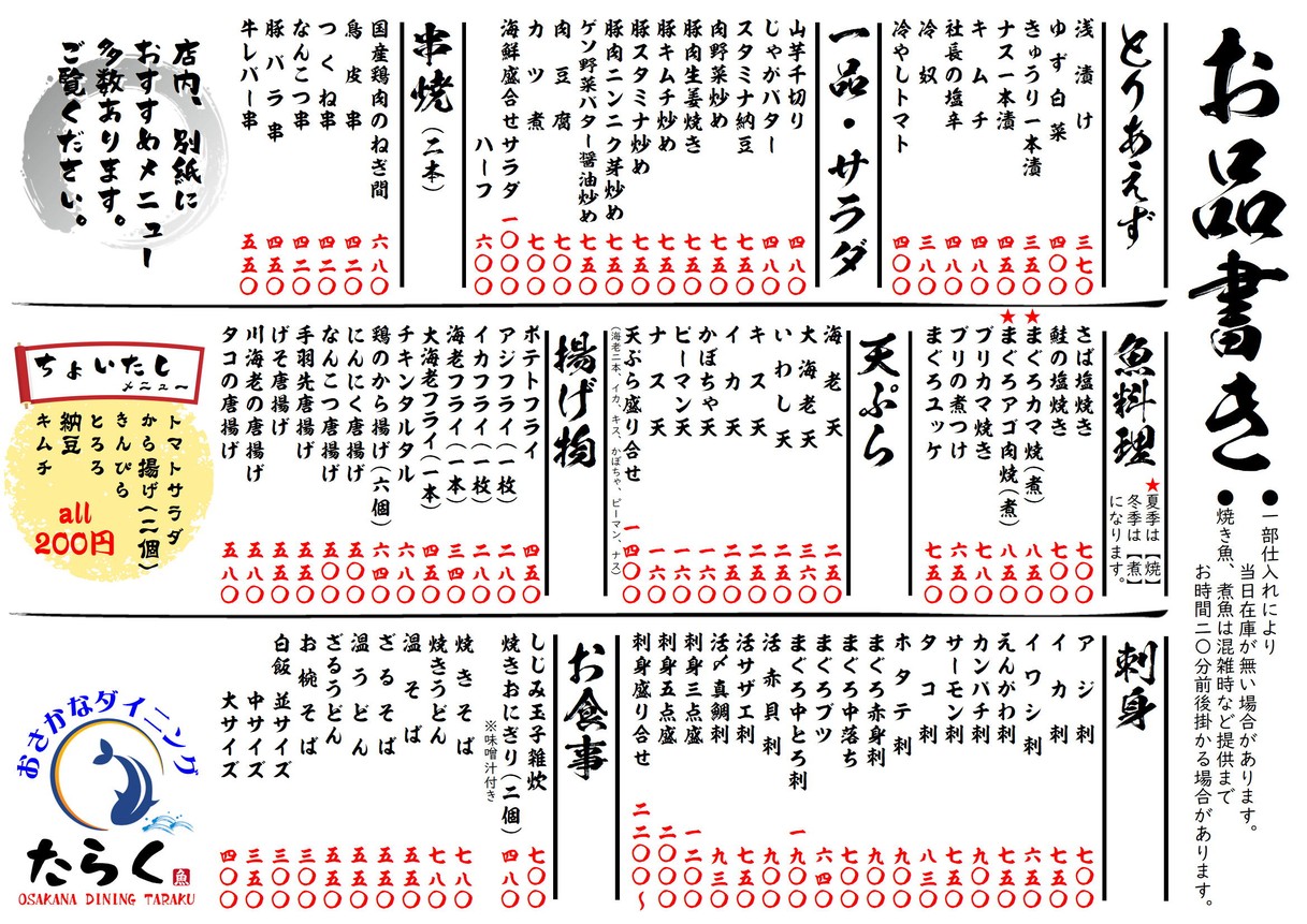 Taraku Sushi menu 3