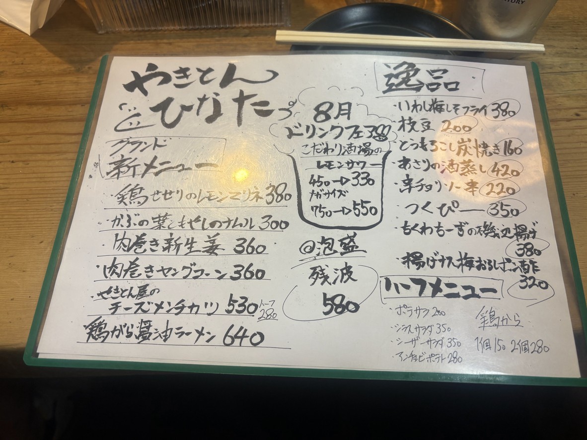 Yakiton Hinata Kamiitabashiten menu 1