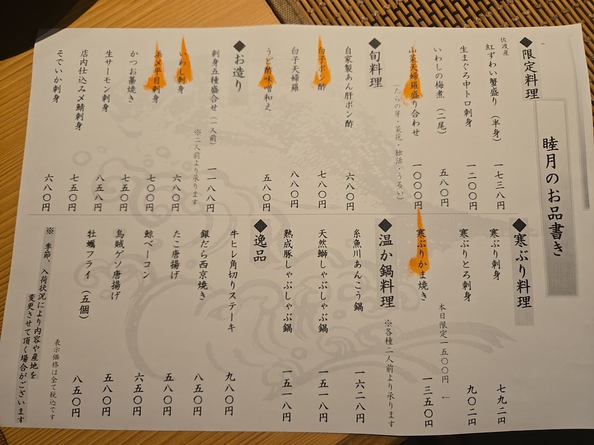 Niigata Sado Ryotsuko-chokuso Tofuro Okachimachi menu 3