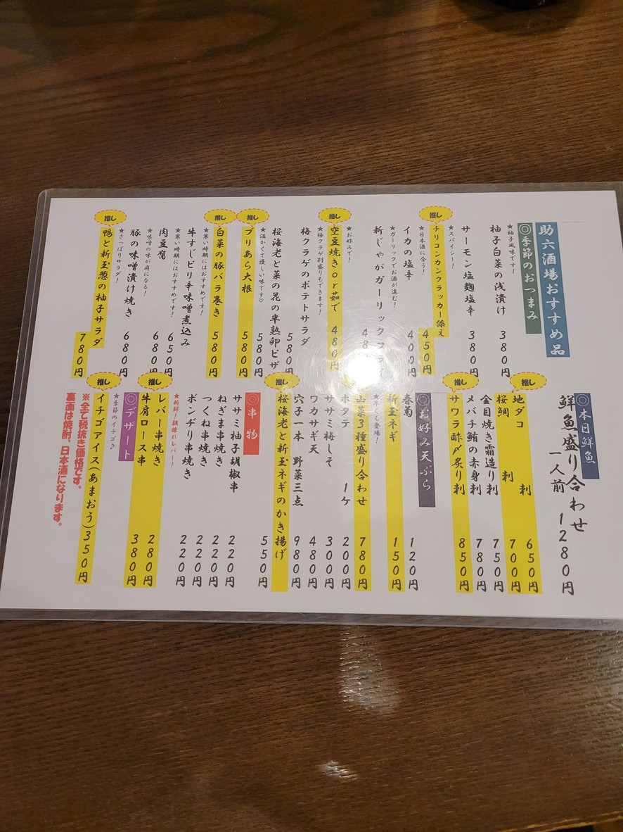 Sukeroku Sakaba, sucursal Aomono Yokocho menu 1