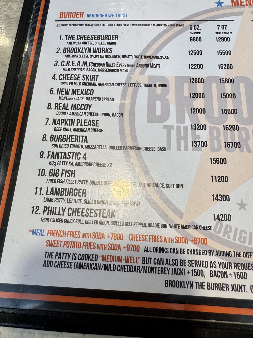 Brooklyn Burger Joint Dongbu Ichon menu 1