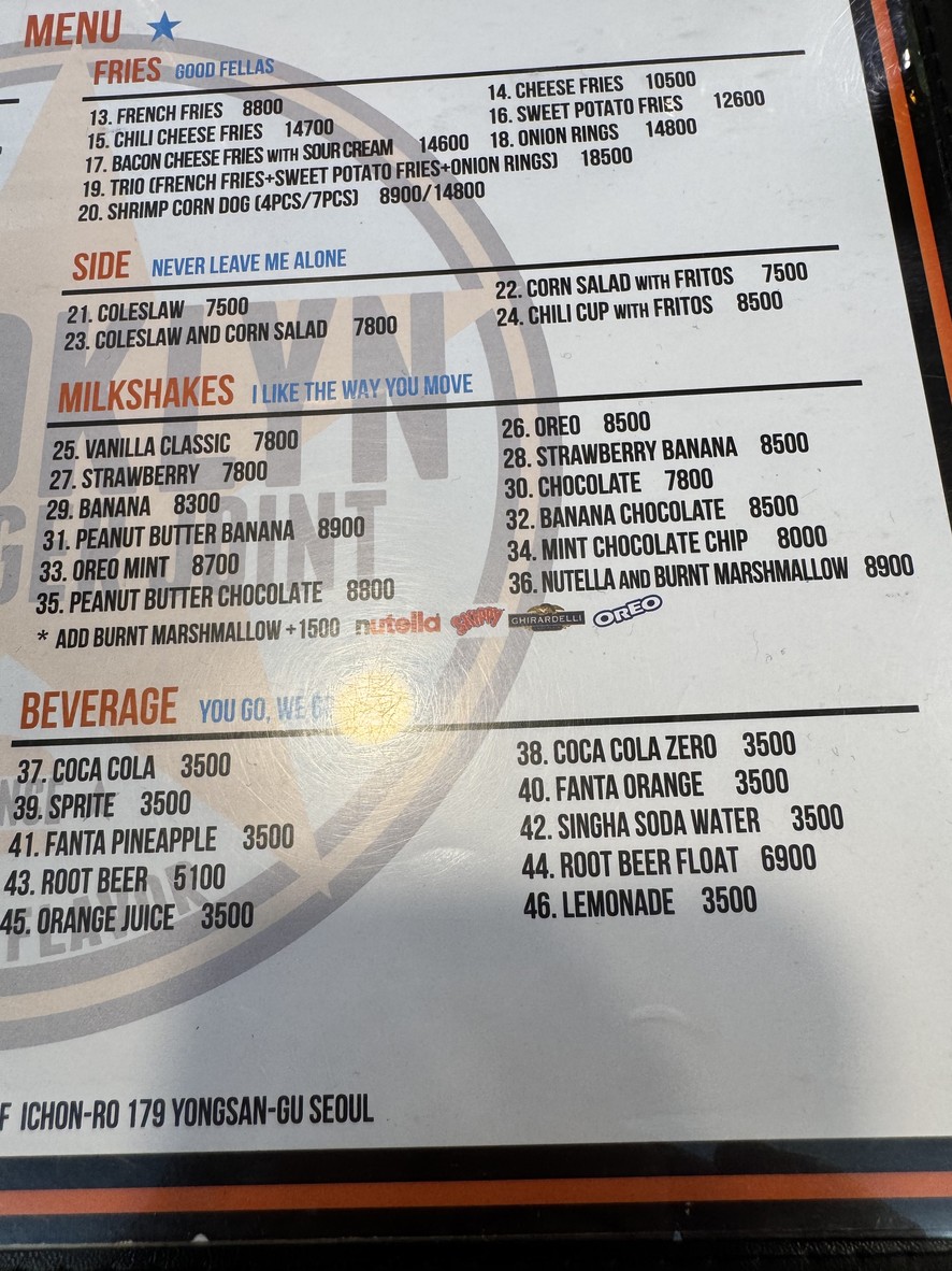 Brooklyn Burger Joint Dongbu Ichon menu 2