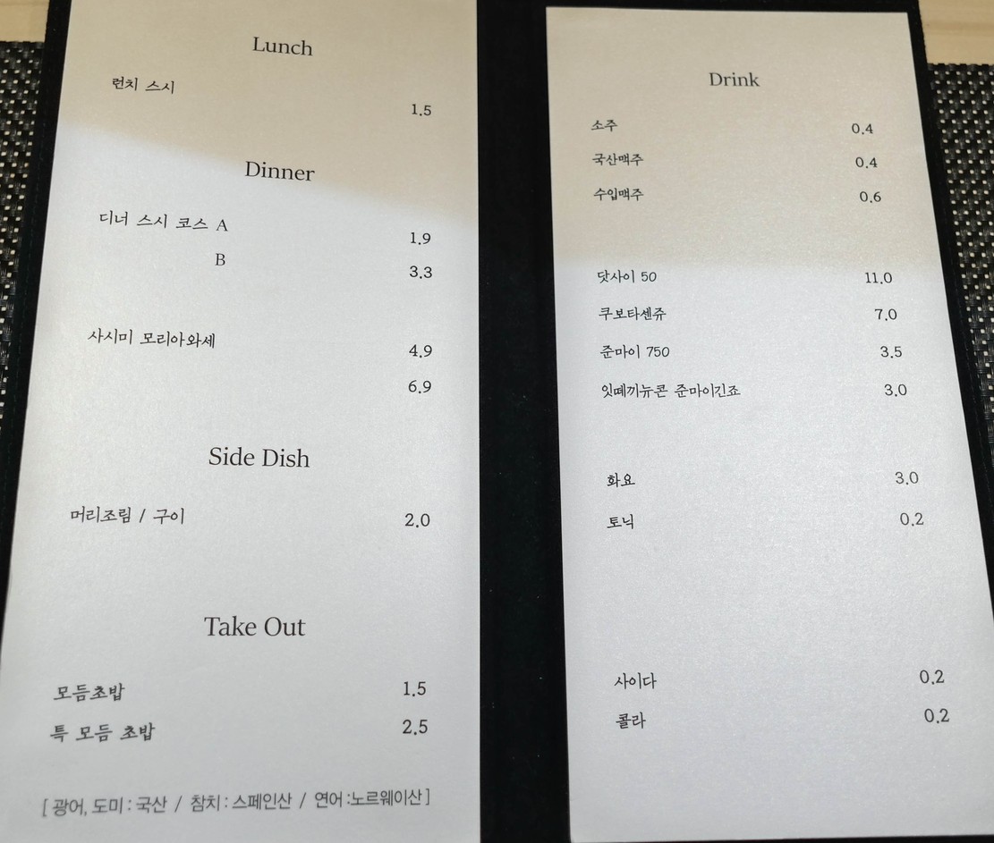 Sangnam Sushi menu 1