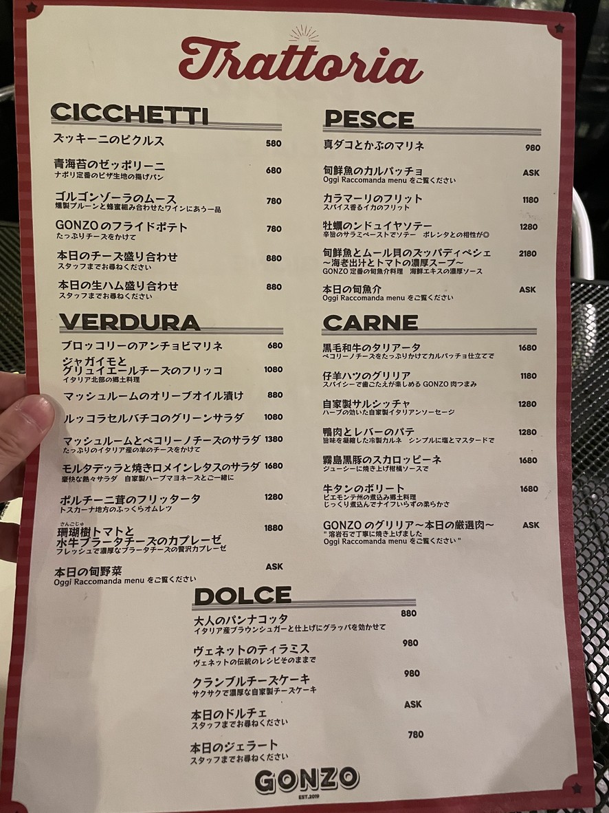 Gonzo Pizzeria & Trattoria menu 1