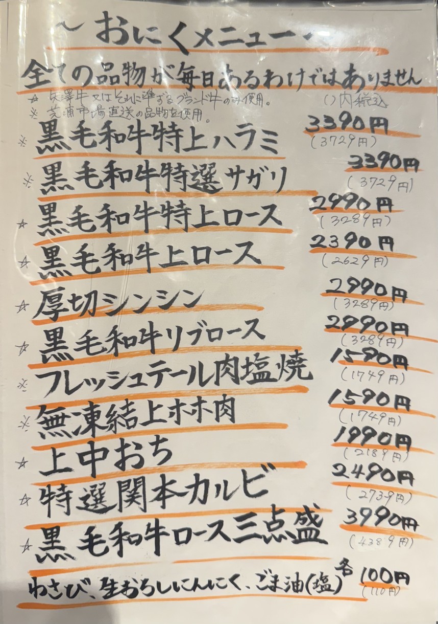 Yakiniku Sekimoto Kyohei menu 1