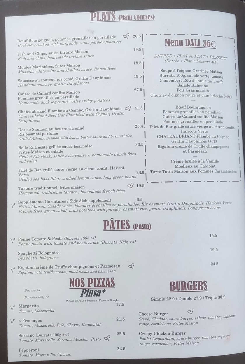 La Crémaillère 1900 menu 1