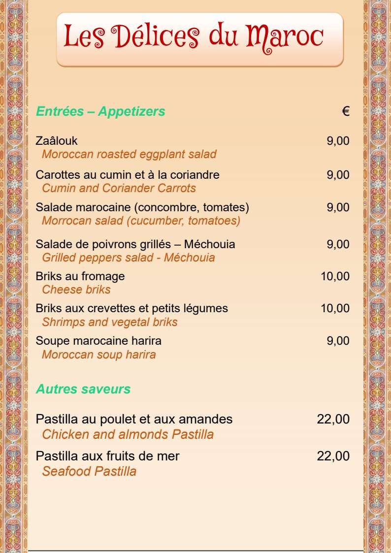 Les Délices du Maroc menu 1