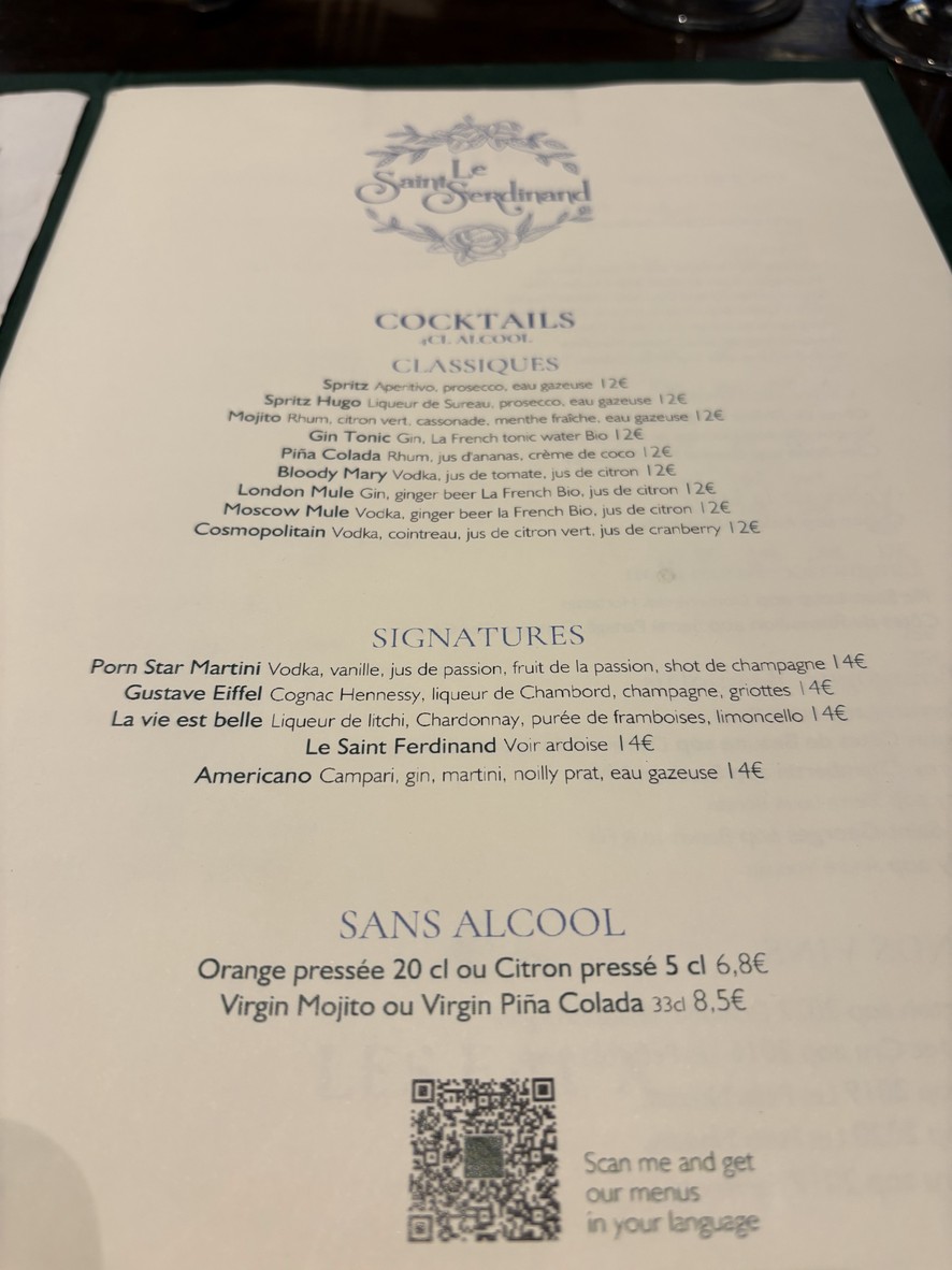 Le St Ferdinand - Paris menu 2