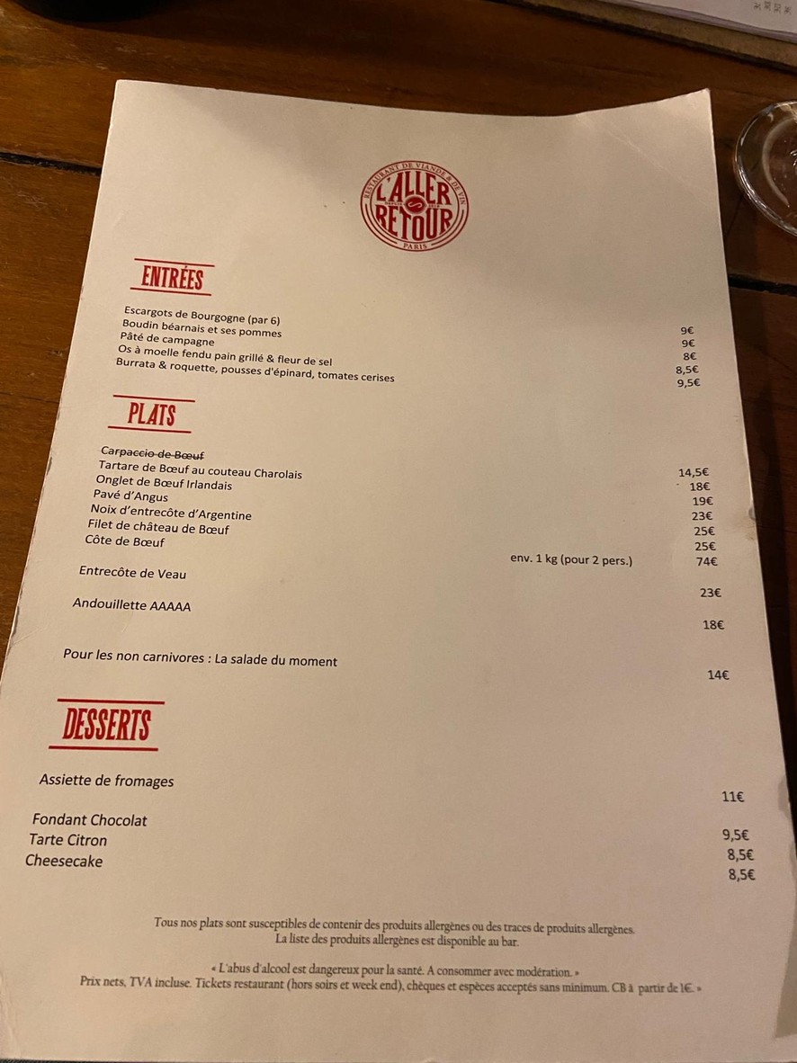 L'Aller Retour Marais menu 1