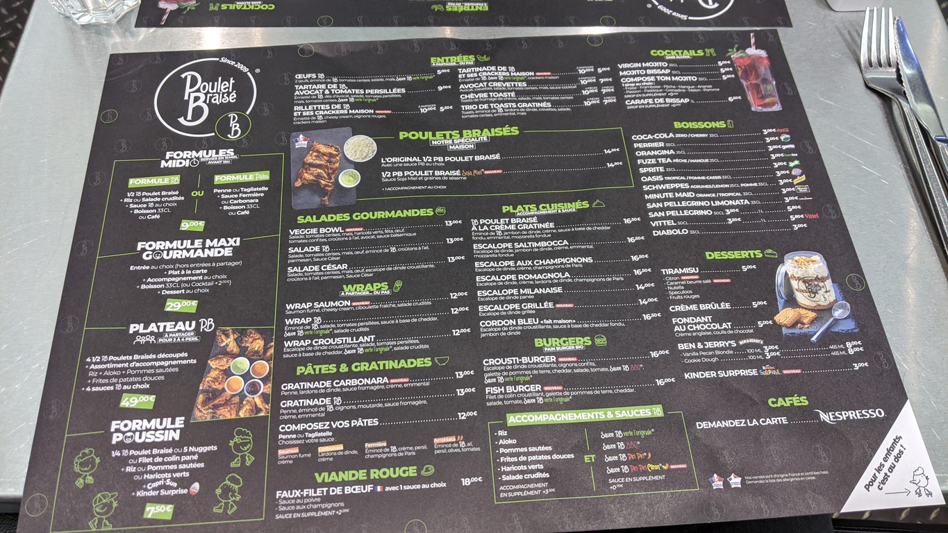 PB Poulet Braisé Paris 18 menu 1