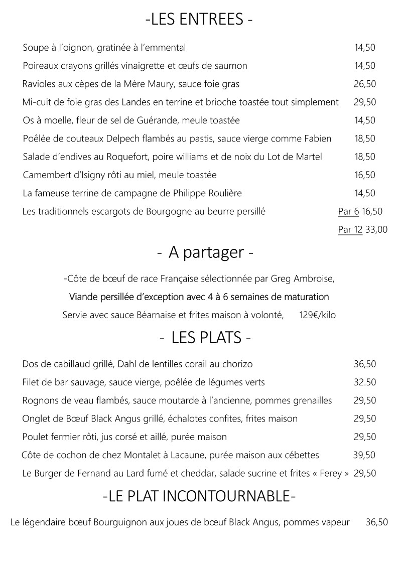 Chez Fernand Christine menu 1