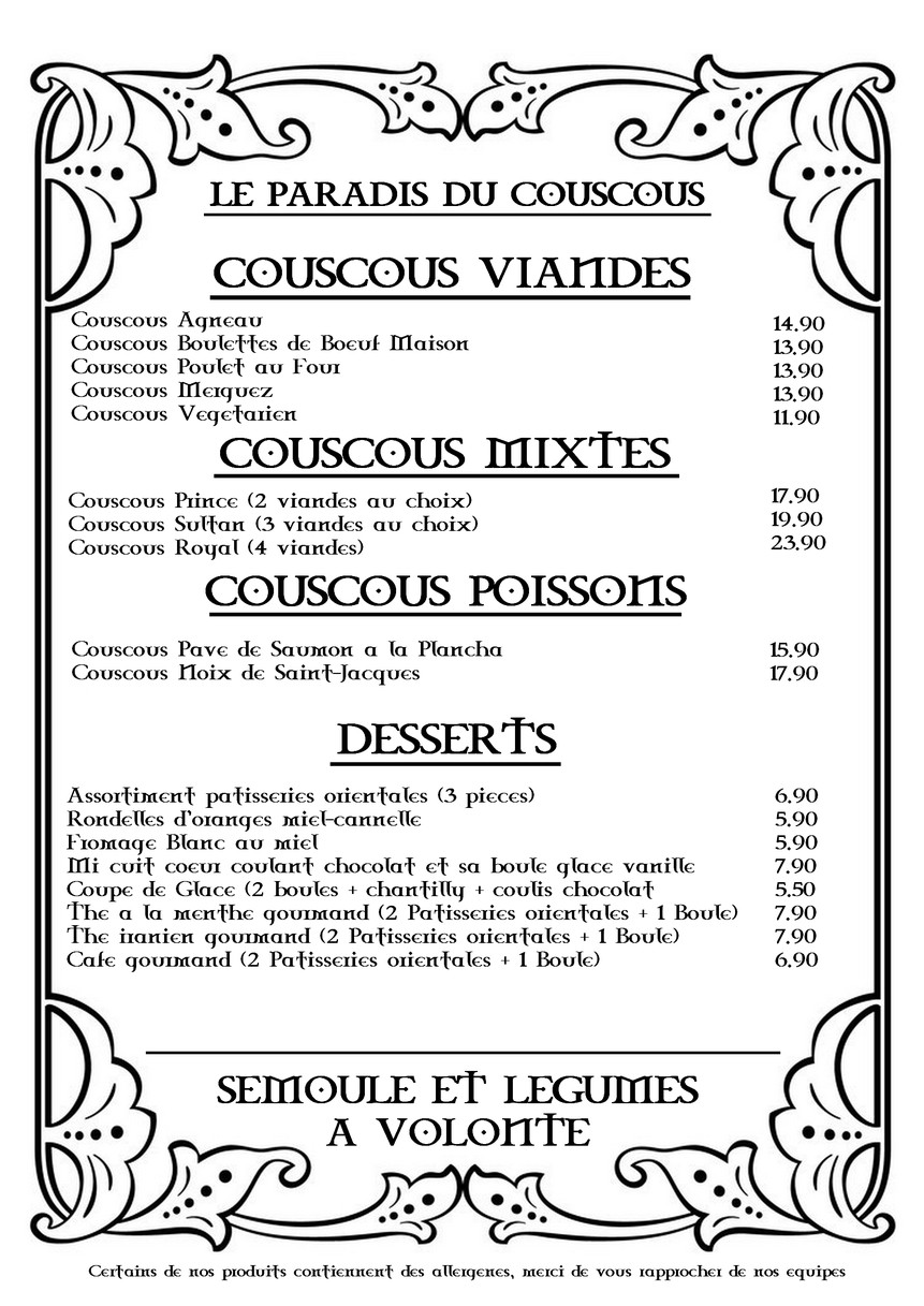 Le Paradis du Couscous menu 2