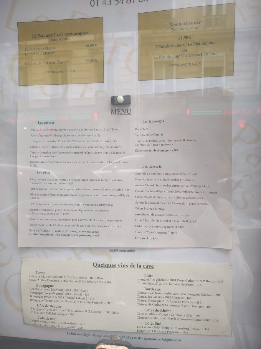 Parc Aux Cerfs menu 1