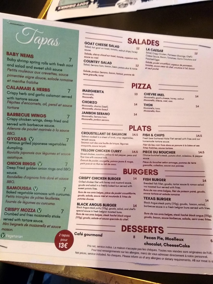 O'Sullivans menu 1