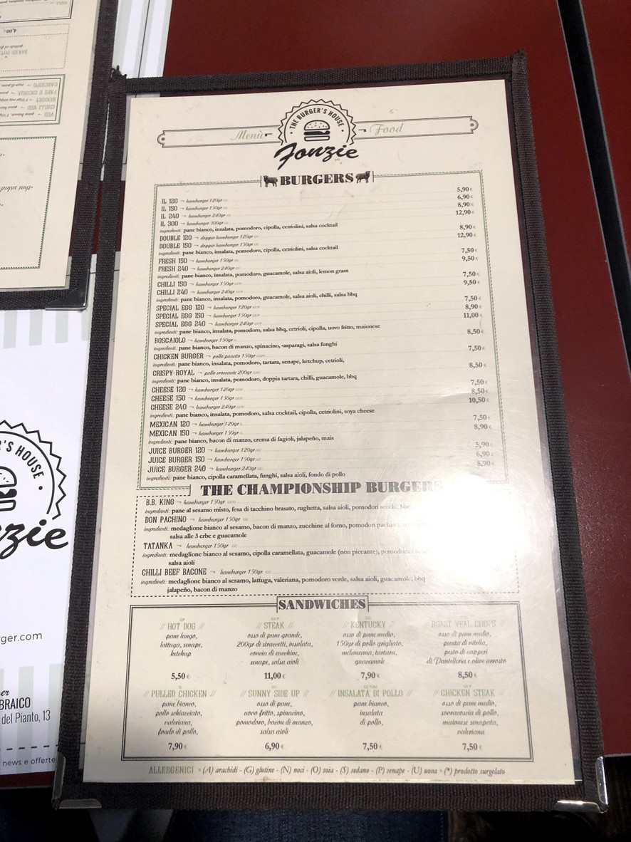 Fonzie the Burger's House | Via Catanzaro menu 1