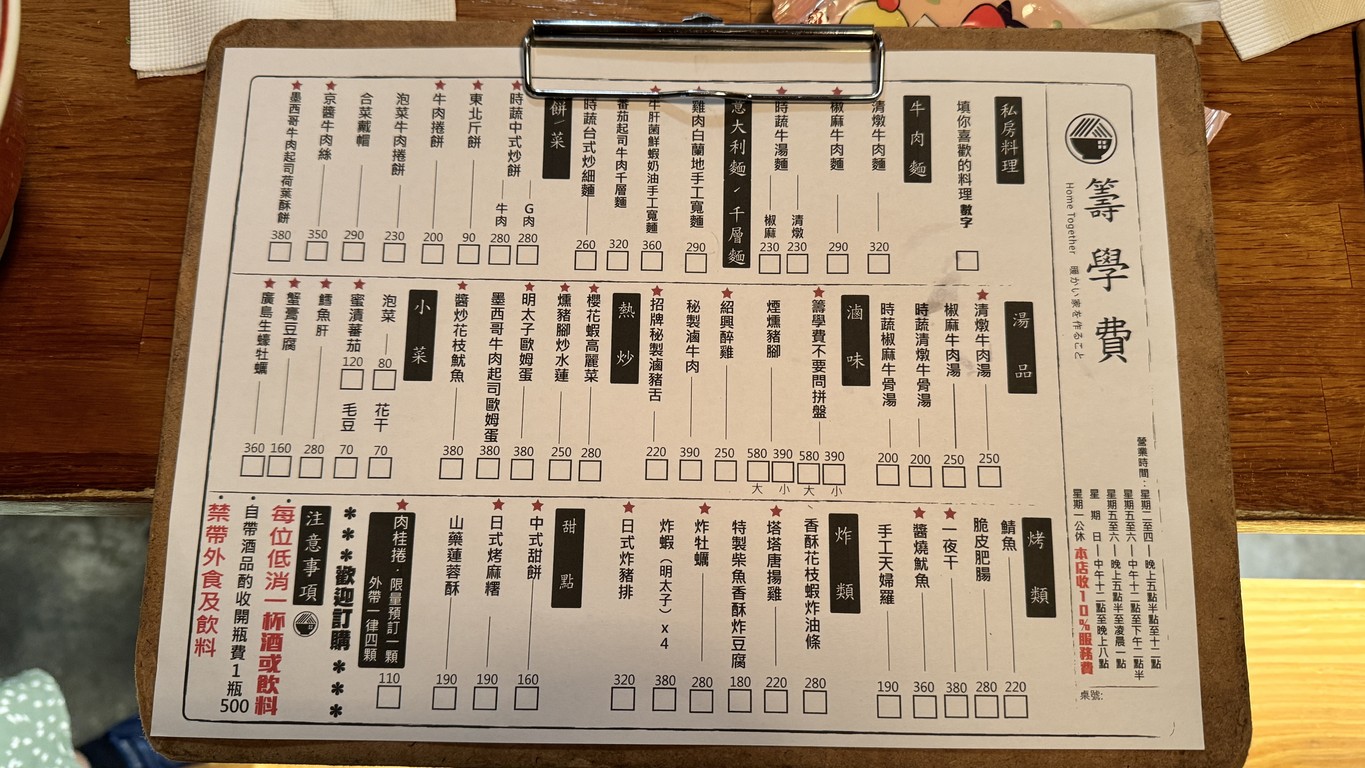 Chóu xuéfèi cāntīng menu 1