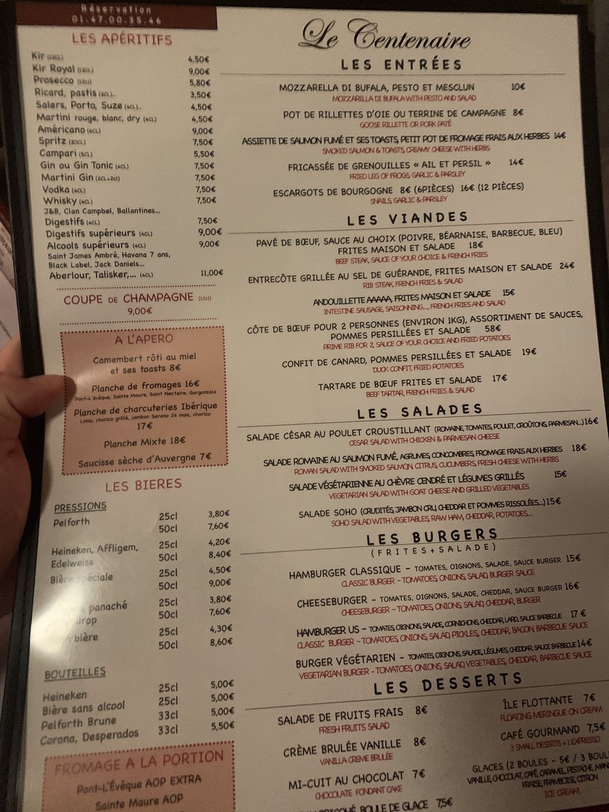 Le Centenaire menu 2