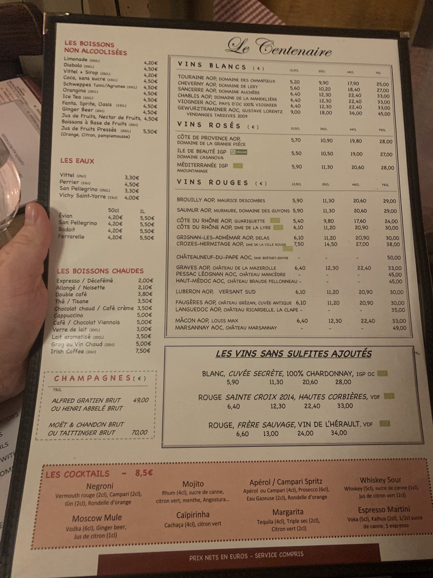 Le Centenaire menu 3