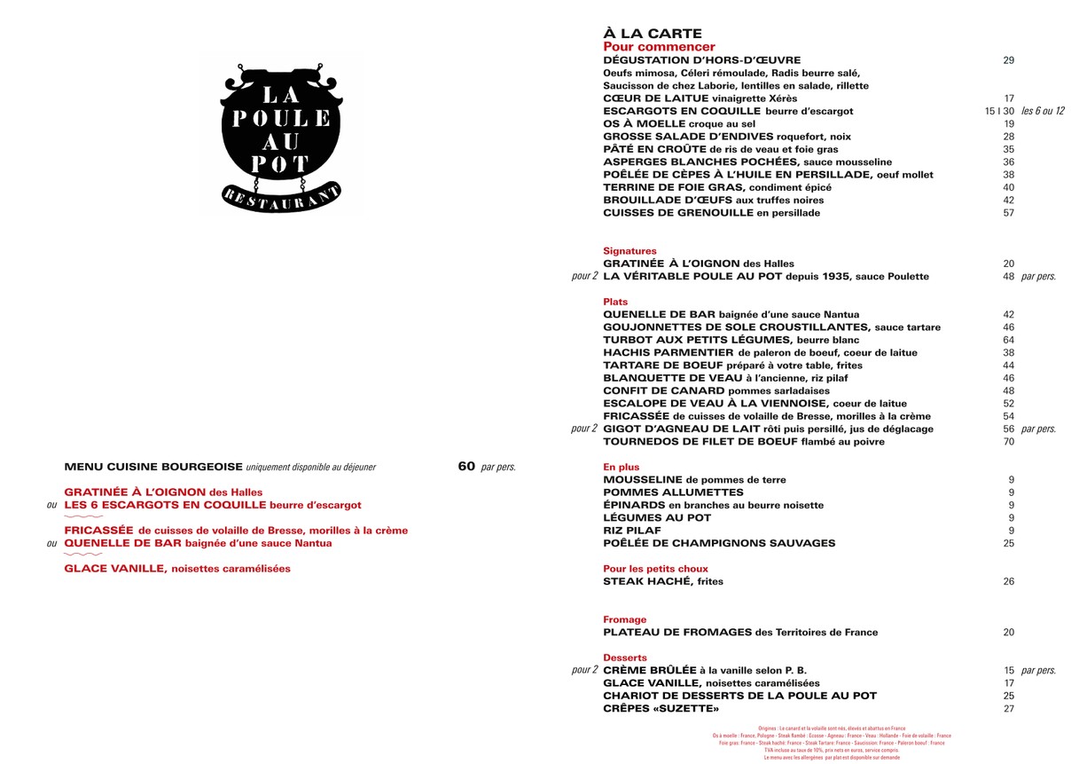 La Poule au Pot menu 1