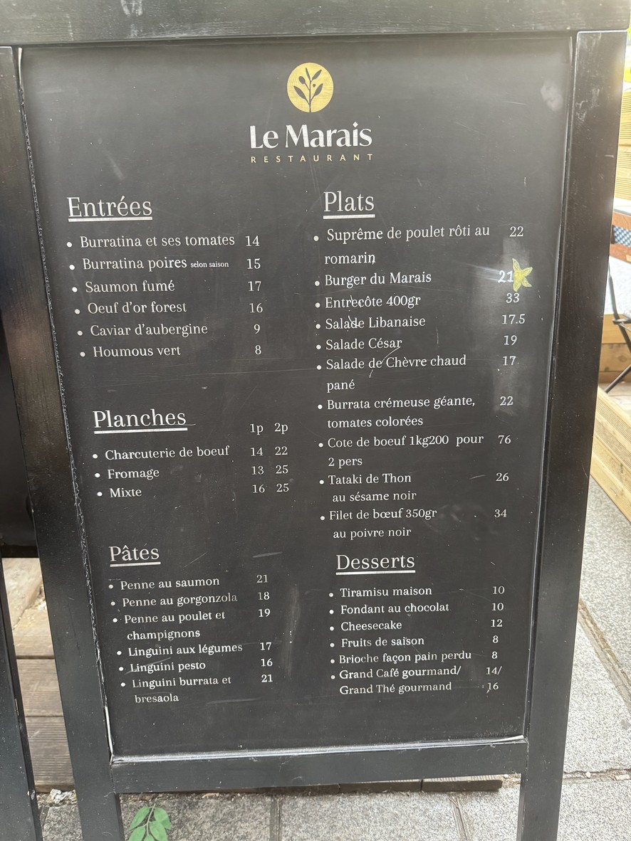 Le Marais Restaurant Paris menu 1