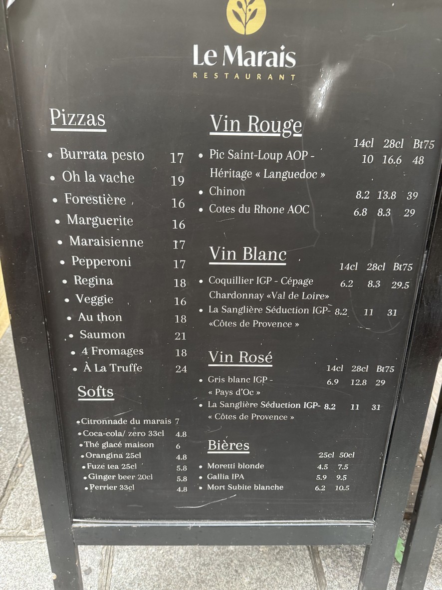 Le Marais Restaurant Paris menu 2
