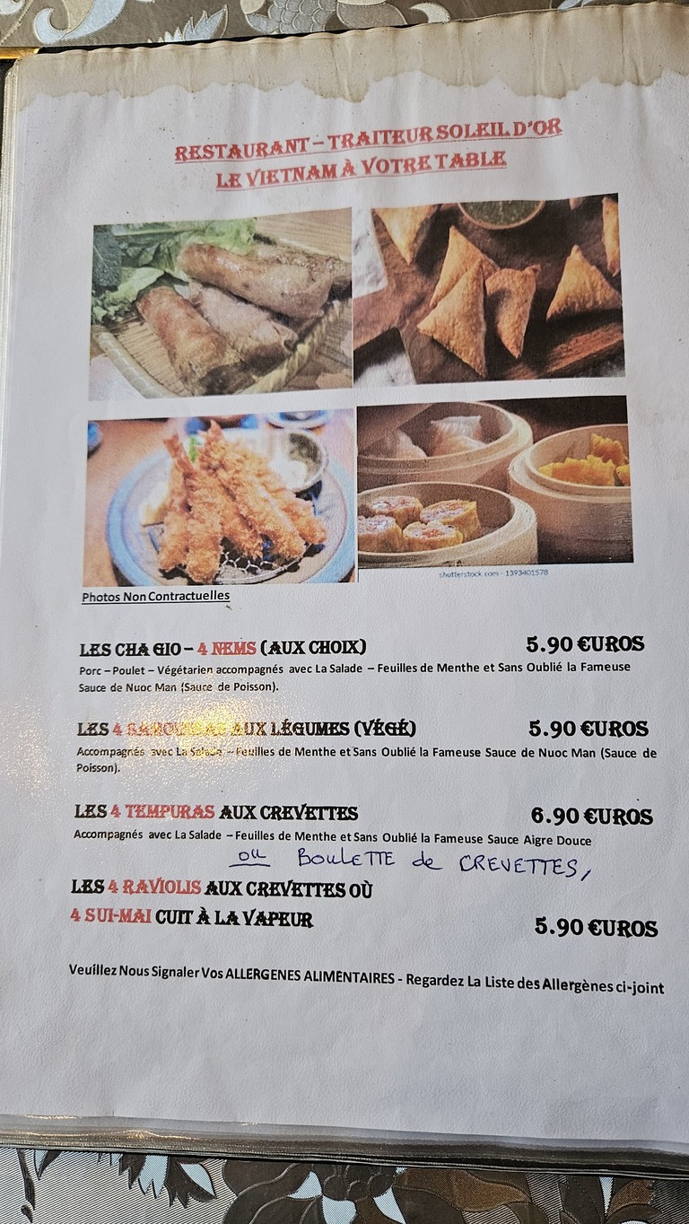 Restaurant Soleil d'Or Paris menu 1