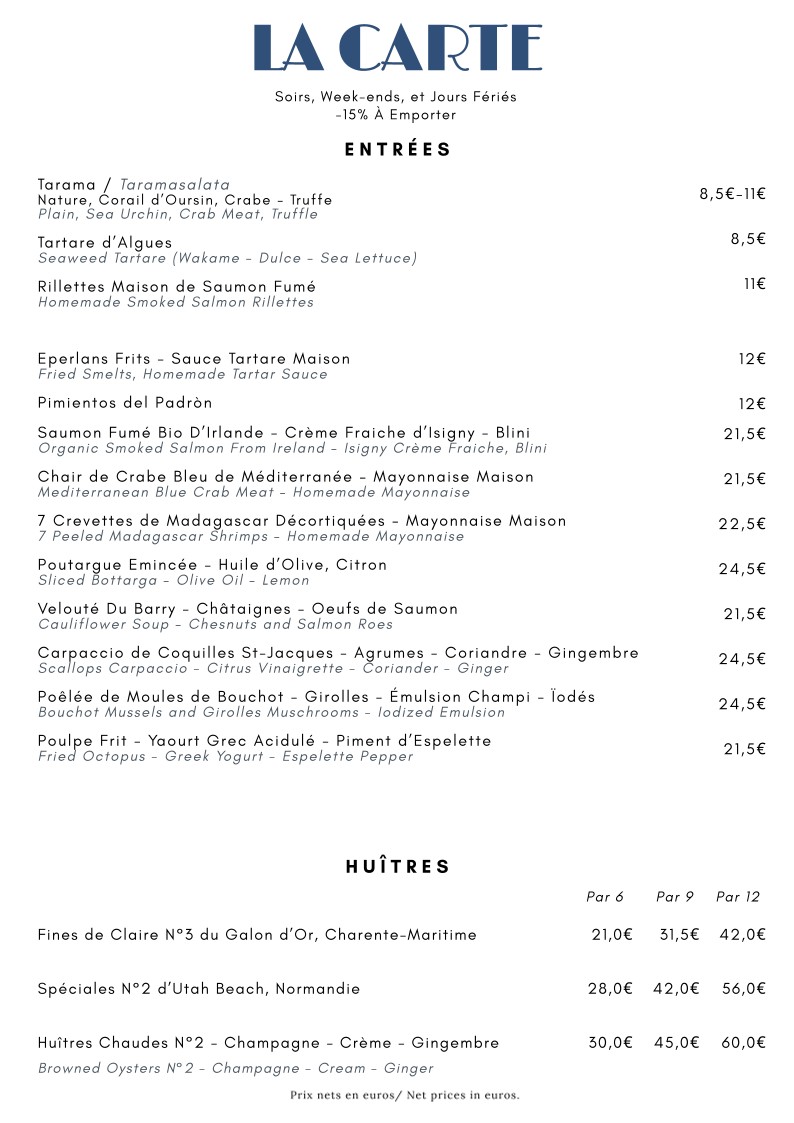 HSP La Table - Huîtres et Saumons de Passy menu 1