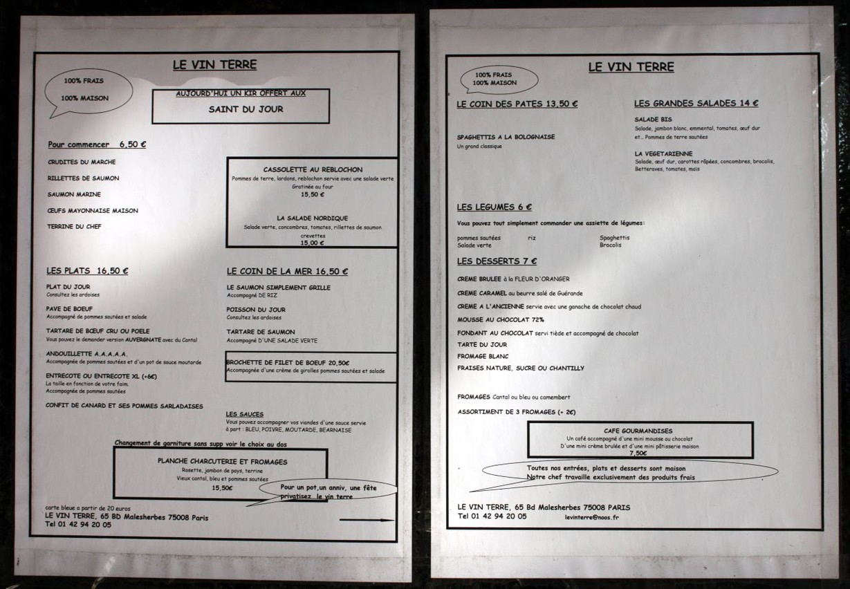 Coté Bistrot Ex Le Vin Terre menu 1