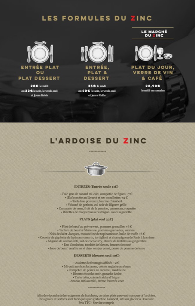 Le Zinc du Marché menu 1