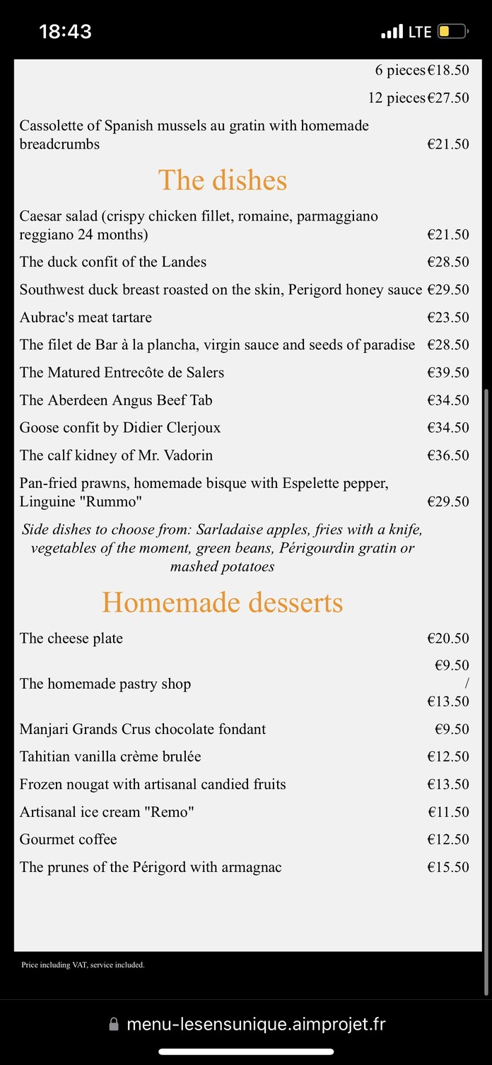Le Sens Unique menu 1